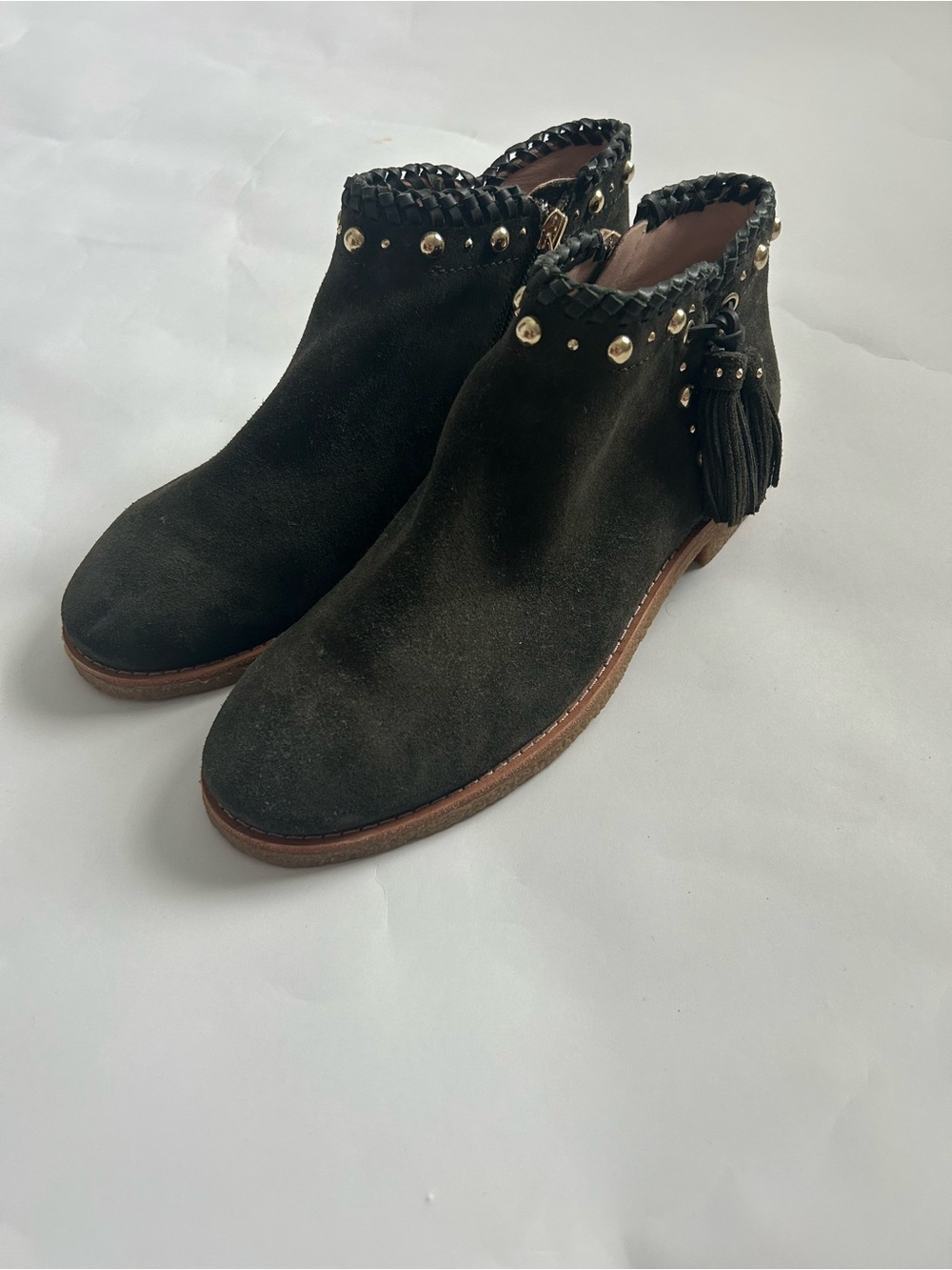 kate spade Black Suede Studded Braided Tassel Ankle Boots
